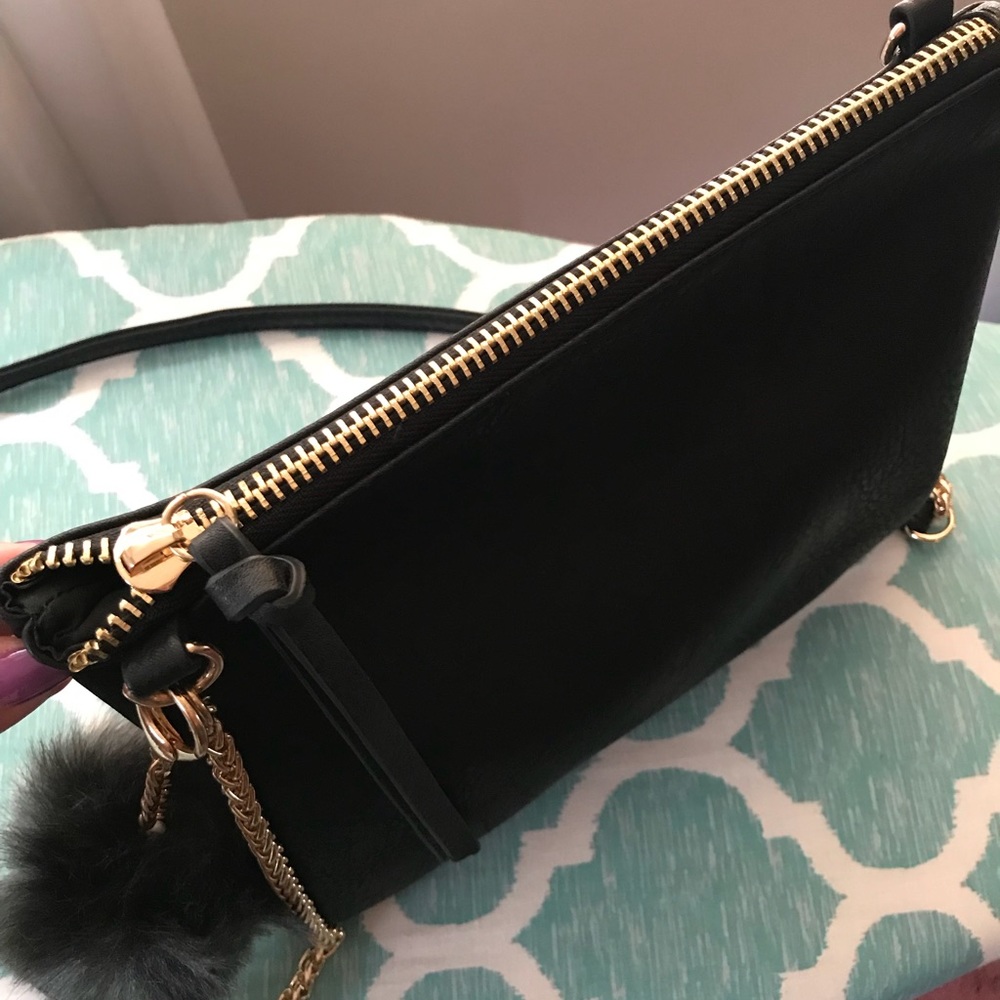 Black Faux Leather Crossbody W/ Fur Puff Charm - Picture 7 of 8